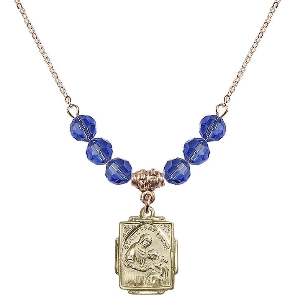 14kt Gold Filled Saint Ann Birthstone Necklace with Sapphire Beads - 0804