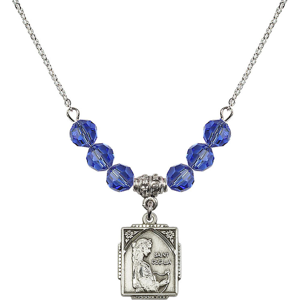 Sterling Silver Saint Cecilia Birthstone Necklace with Sapphire Beads - 0804
