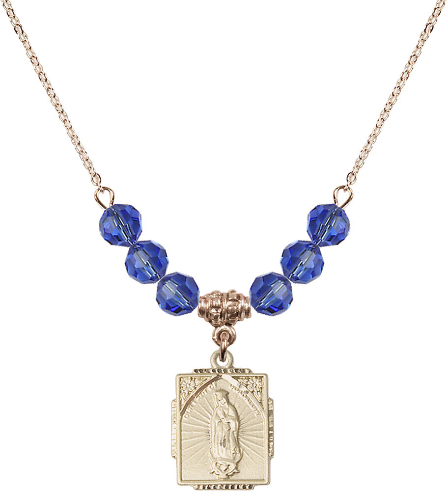 14kt Gold Filled Our Lady of Guadalupe Birthstone Necklace with Sapphire Beads - 0804