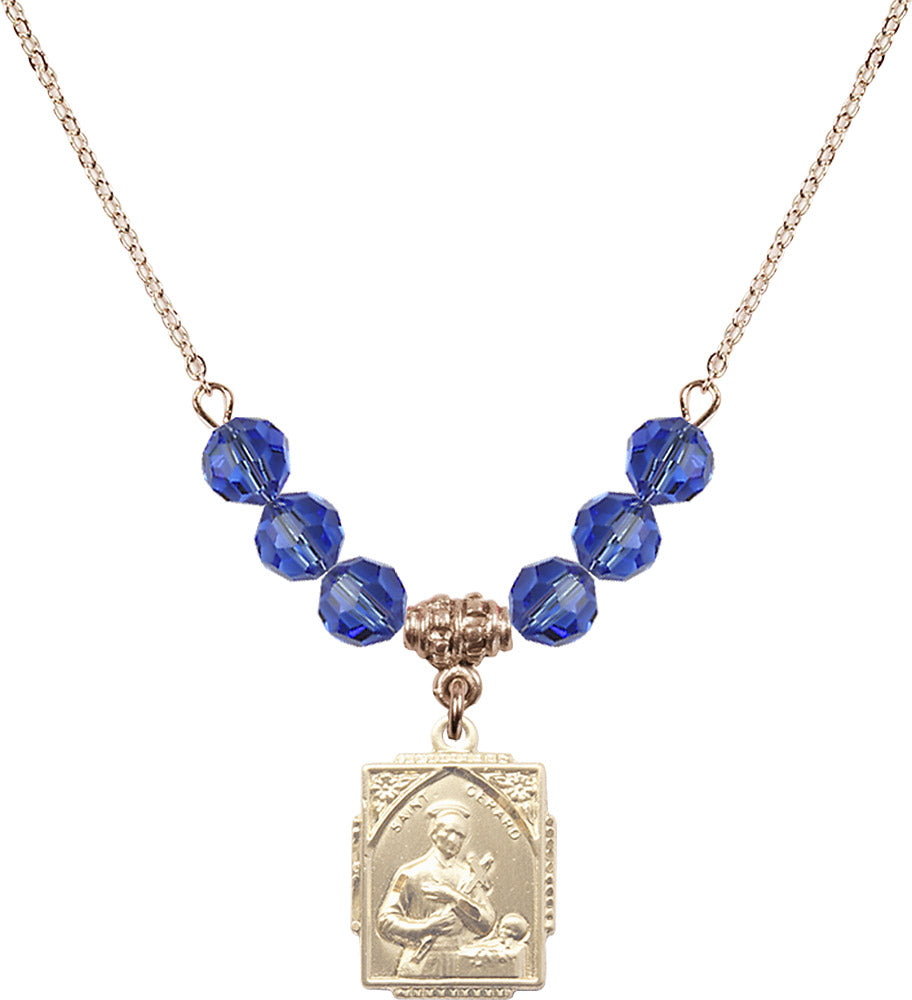 14kt Gold Filled Saint Gerard Birthstone Necklace with Sapphire Beads - 0804