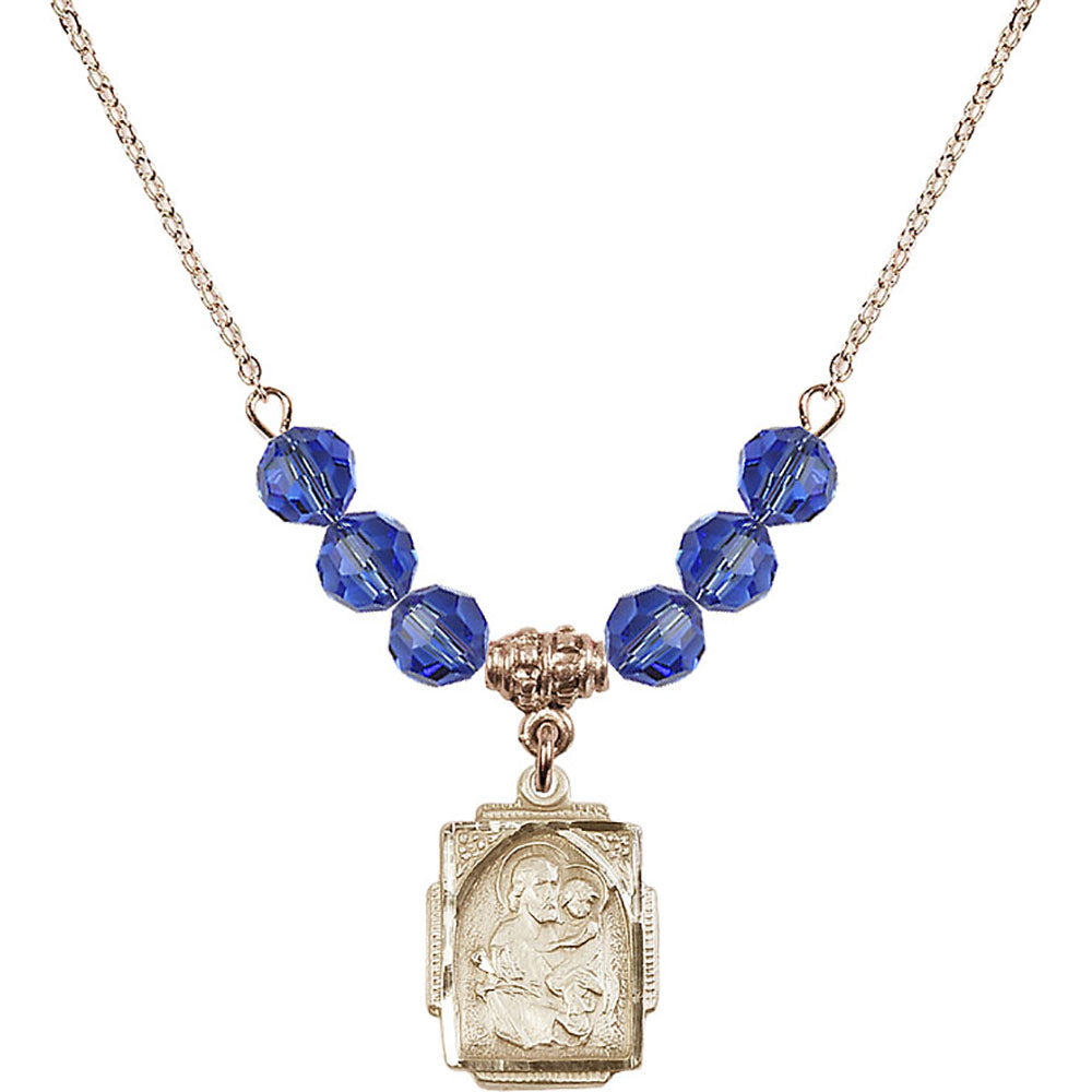 14kt Gold Filled Saint Joseph Birthstone Necklace with Sapphire Beads - 0804