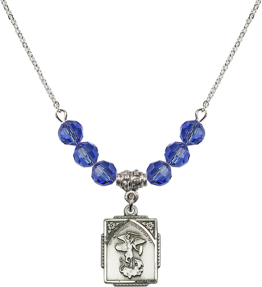 Sterling Silver Saint Michael the Archangel Birthstone Necklace with Sapphire Beads - 0804
