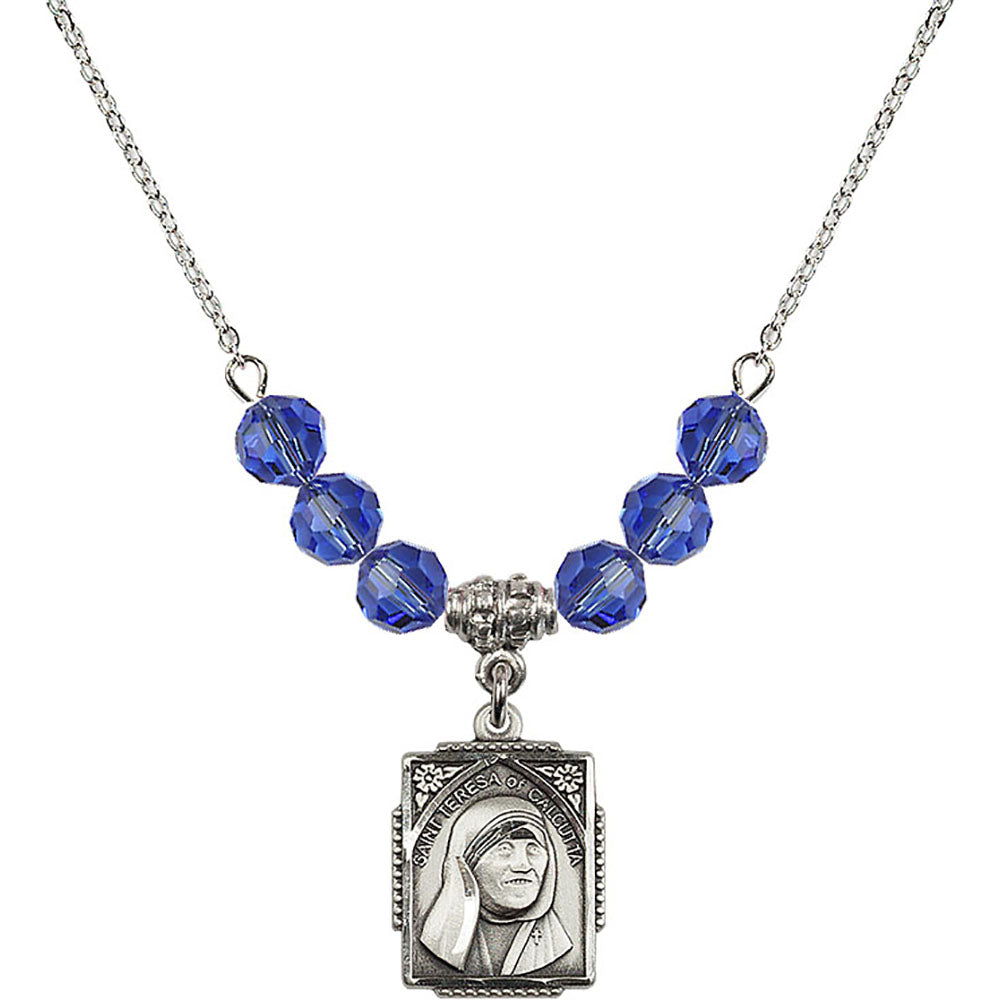 Sterling Silver Saint Teresa of Calcutta Birthstone Necklace with Sapphire Beads - 0804