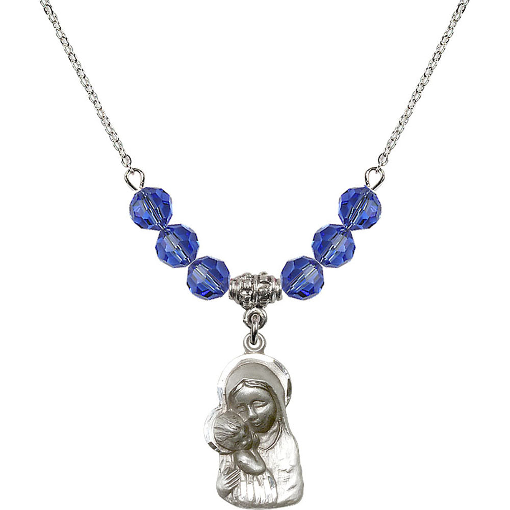 Sterling Silver Madonna & Child Birthstone Necklace with Sapphire Beads - 1612