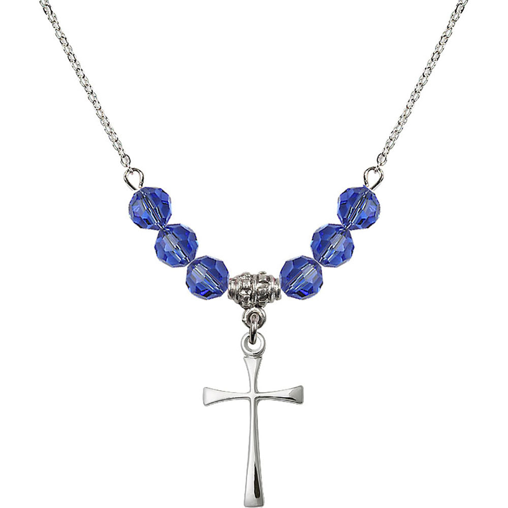 Sterling Silver Maltese Cross Birthstone Necklace with Sapphire Beads - 1870