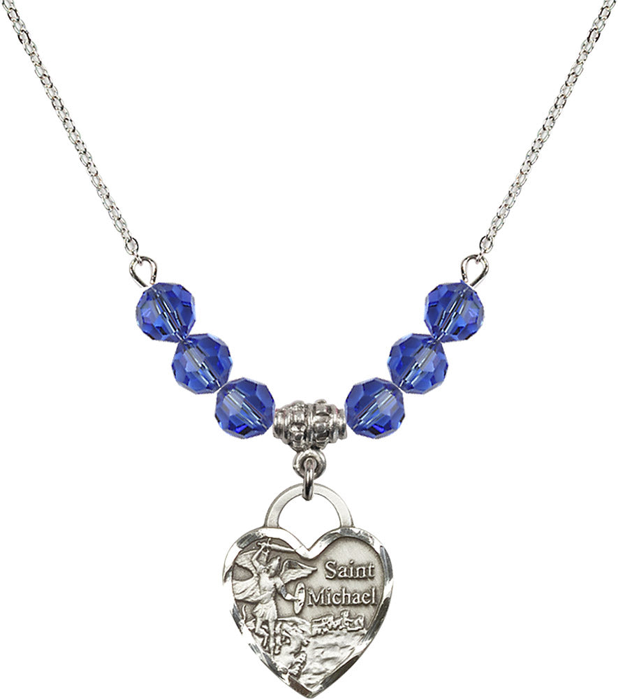 Sterling Silver Saint Michael the Archangel Birthstone Necklace with Sapphire Beads - 3203