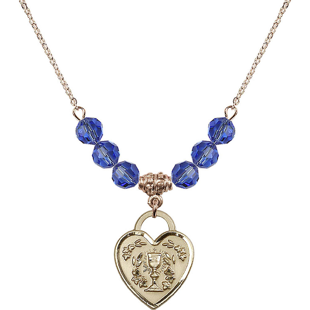 14kt Gold Filled Communion Heart Birthstone Necklace with Sapphire Beads - 3204