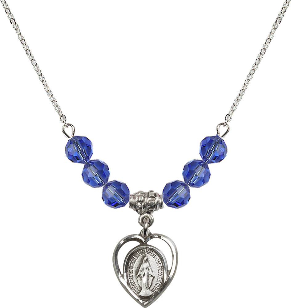 Sterling Silver Miraculous Birthstone Necklace with Sapphire Beads - 4125