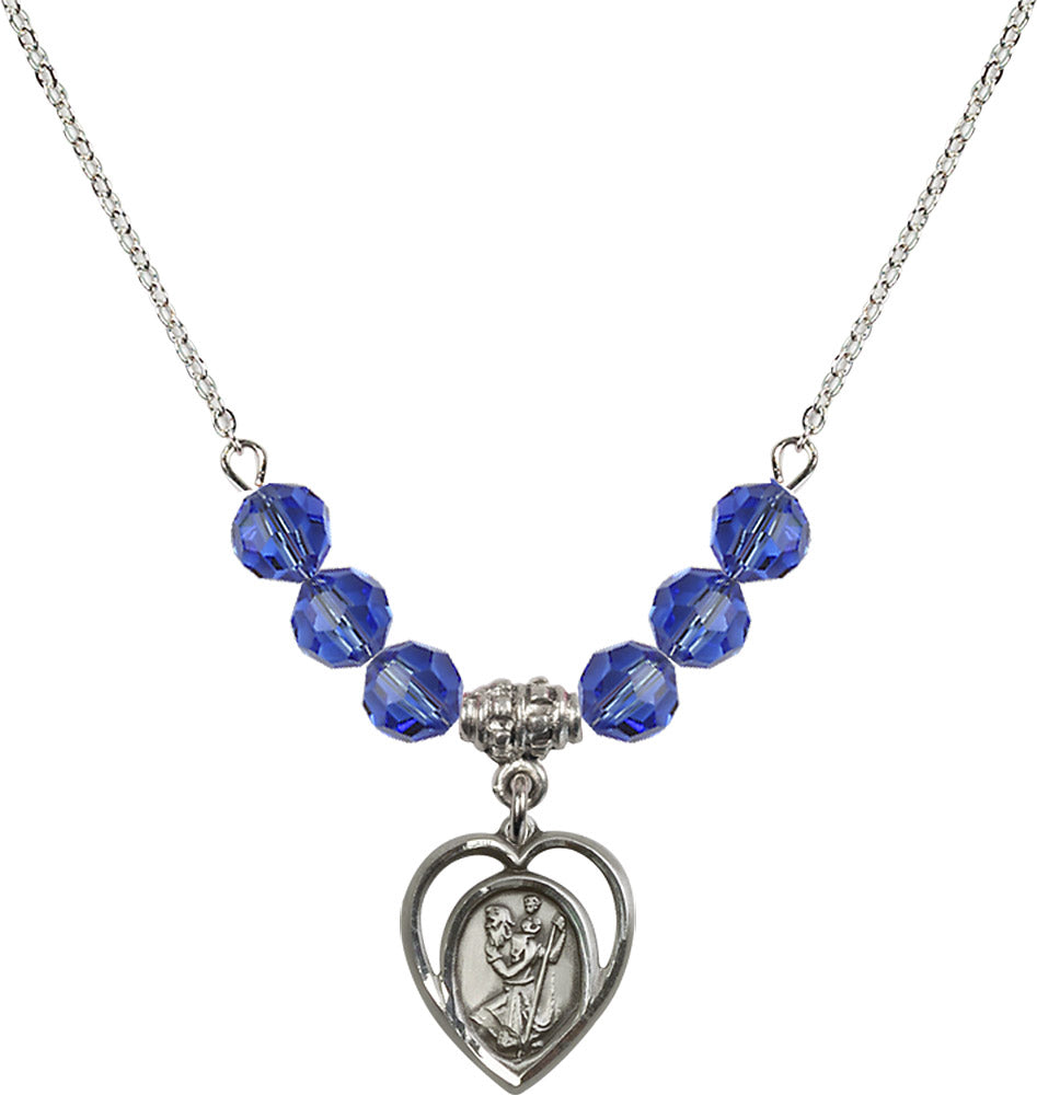 Sterling Silver Saint Christopher Birthstone Necklace with Sapphire Beads - 4127