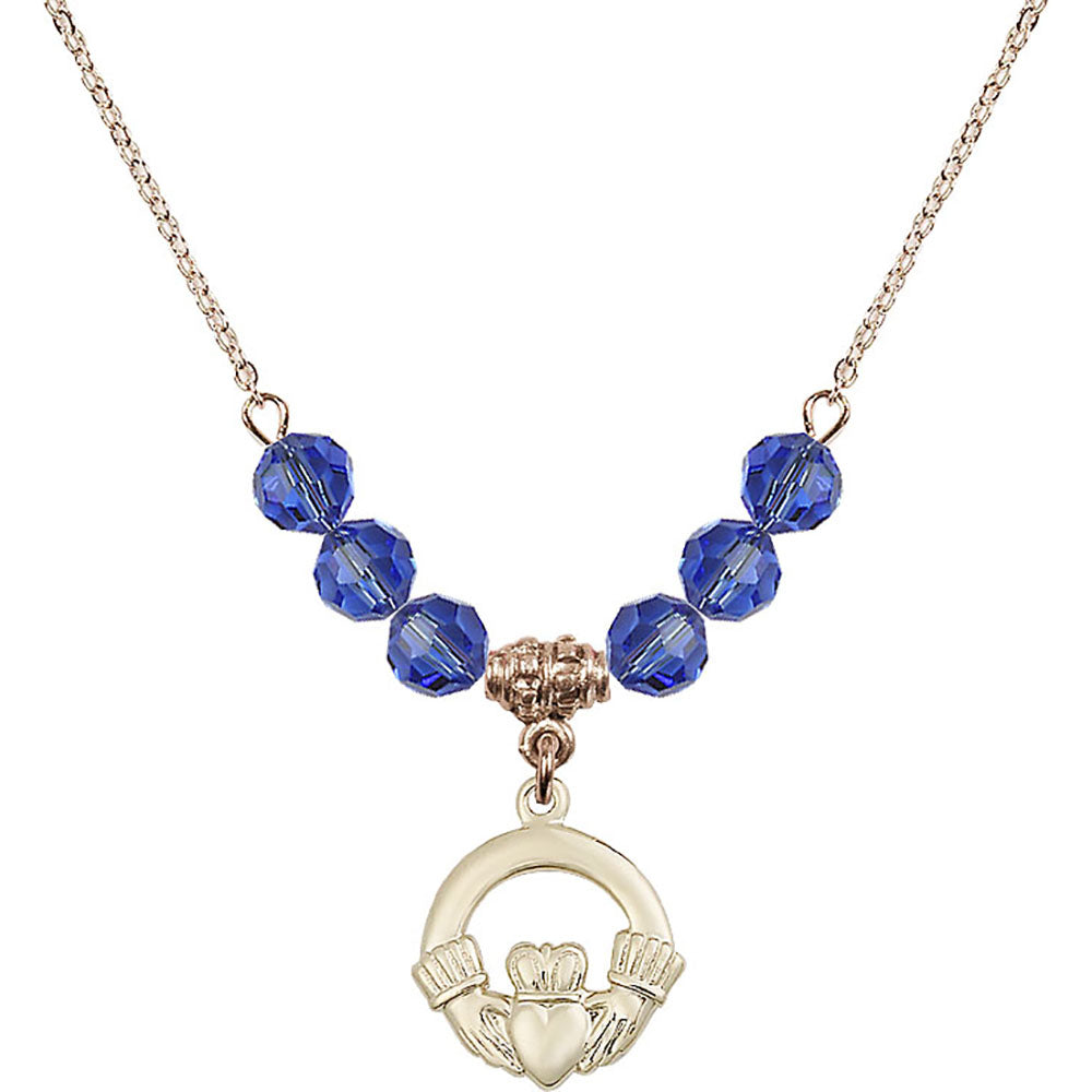 14kt Gold Filled Claddagh Birthstone Necklace with Sapphire Beads - 4138