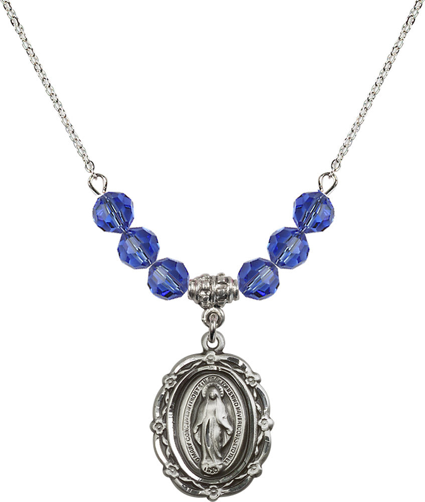 Sterling Silver Miraculous Birthstone Necklace with Sapphire Beads - 4146