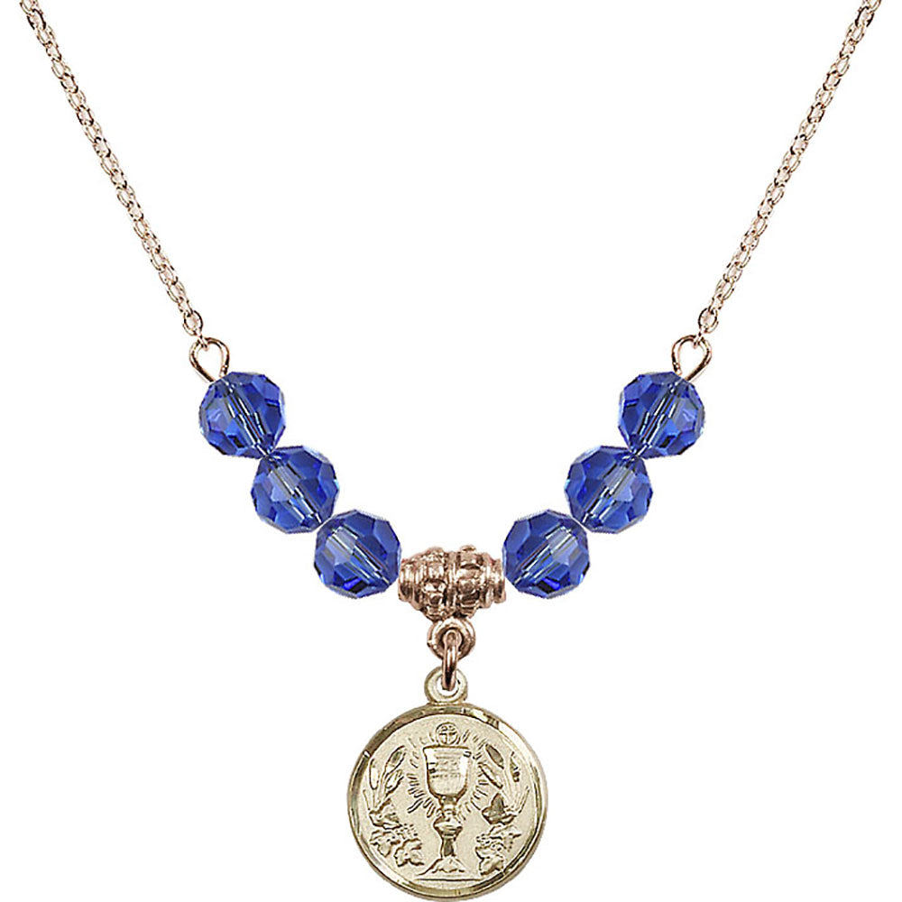 14kt Gold Filled Communion Chalice Birthstone Necklace with Sapphire Beads - 4203