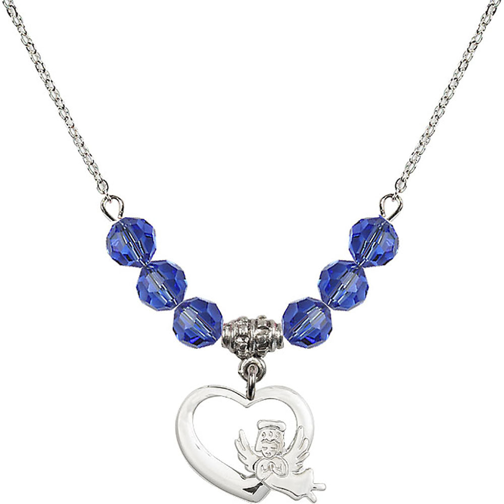 Sterling Silver Heart / Guardian Angel Birthstone Necklace with Sapphire Beads - 4206