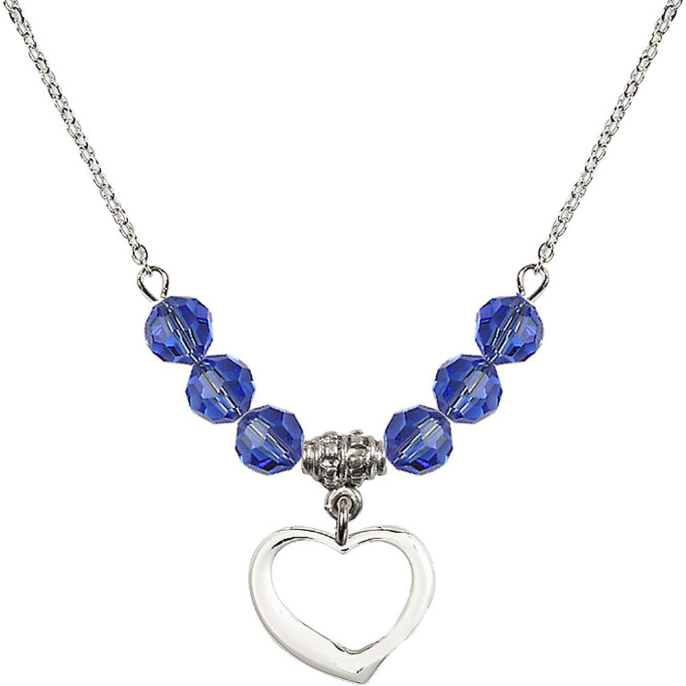 Sterling Silver Heart Birthstone Necklace with Sapphire Beads - 4208