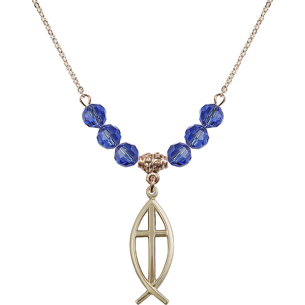 14kt Gold Filled Fish / Cross Birthstone Necklace with Sapphire Beads - 4252
