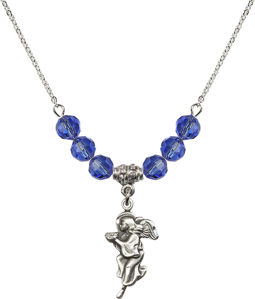 Sterling Silver Guardian Angel Birthstone Necklace with Sapphire Beads - 4260