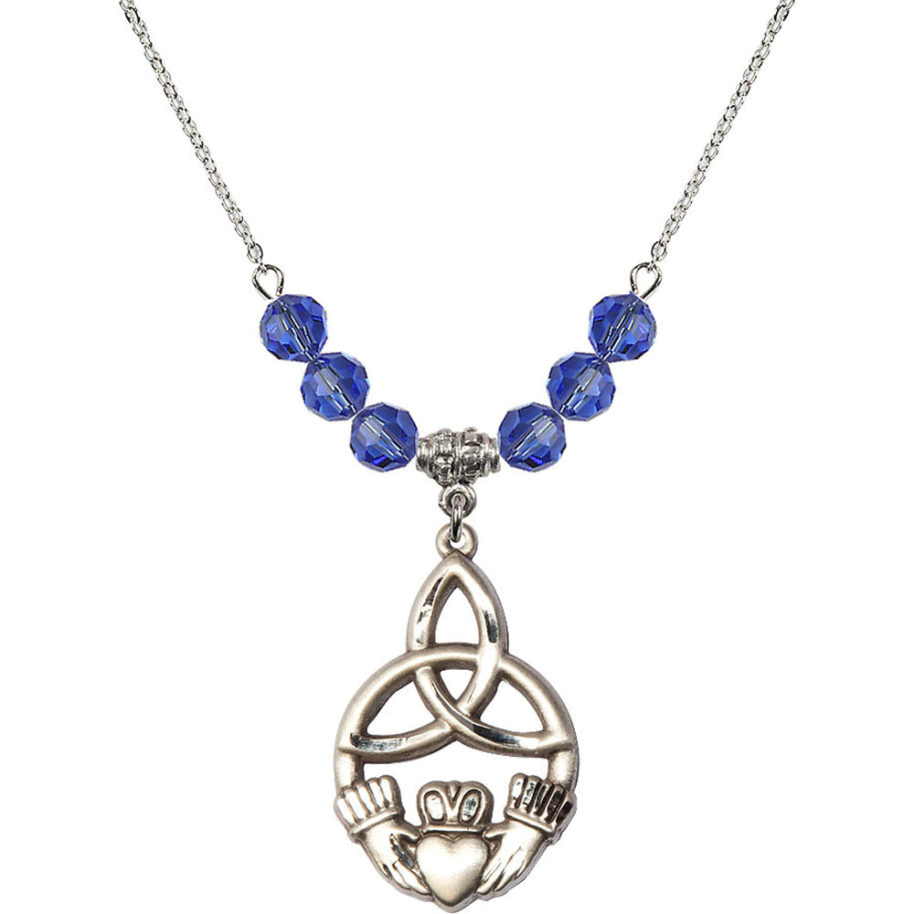 Sterling Silver Irish Knot / Claddagh Birthstone Necklace with Sapphire Beads - 5102