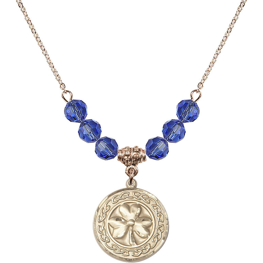 14kt Gold Filled Shamrock w/ Celtic Border Birthstone Necklace with Sapphire Beads - 5106