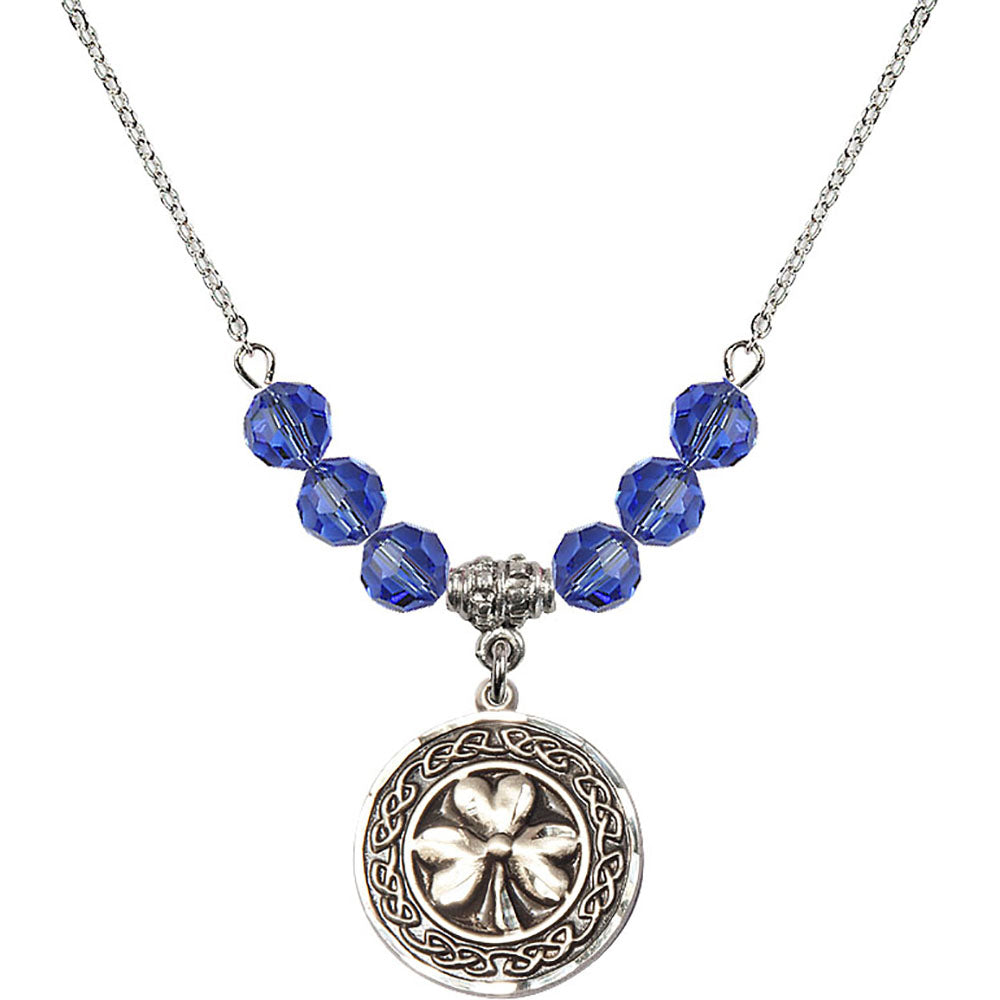 Sterling Silver Shamrock w/ Celtic Border Birthstone Necklace with Sapphire Beads - 5106
