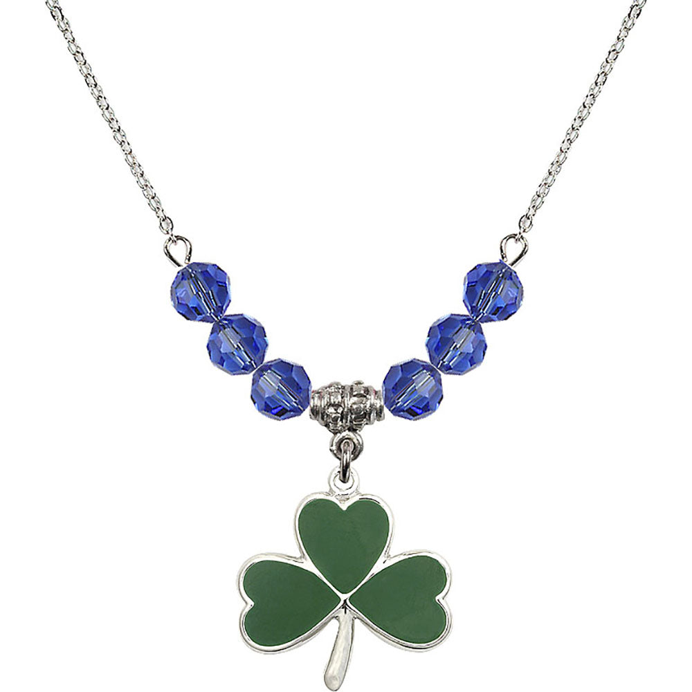 Sterling Silver Shamrock Birthstone Necklace with Sapphire Beads - 5248
