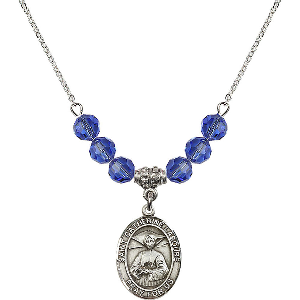 Sterling Silver Saint Catherine Laboure Birthstone Necklace with Sapphire Beads - 8021