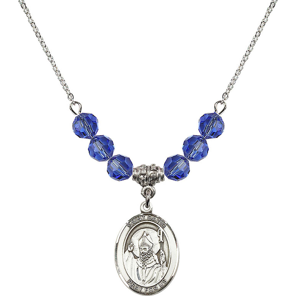 Sterling Silver Saint David of Wales Birthstone Necklace with Sapphire Beads - 8027