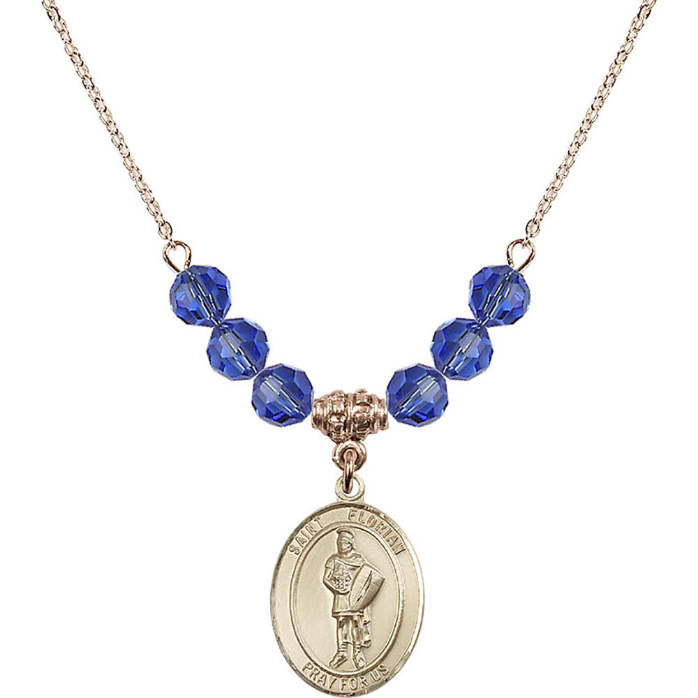 14kt Gold Filled Saint Florian Birthstone Necklace with Sapphire Beads - 8034