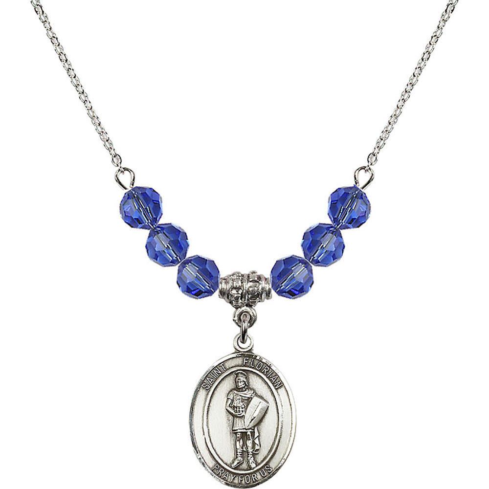 Sterling Silver Saint Florian Birthstone Necklace with Sapphire Beads - 8034