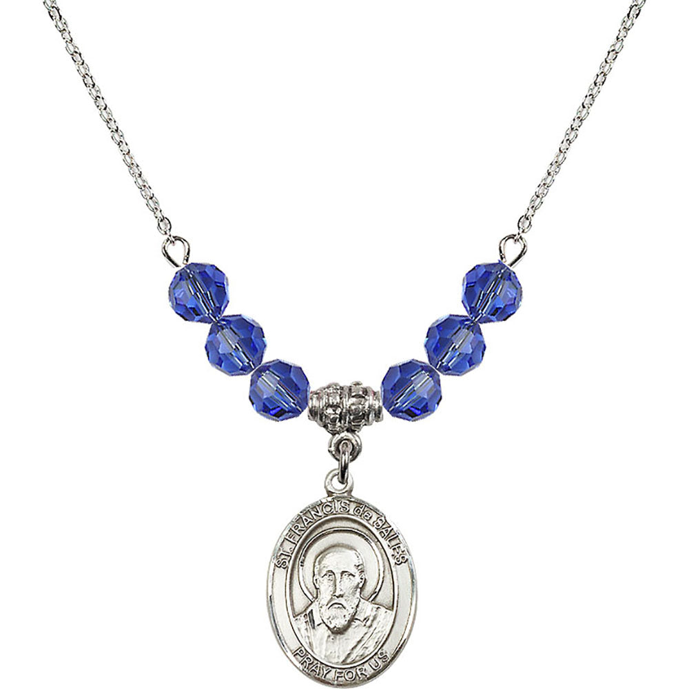Sterling Silver Saint Francis de Sales Birthstone Necklace with Sapphire Beads - 8035