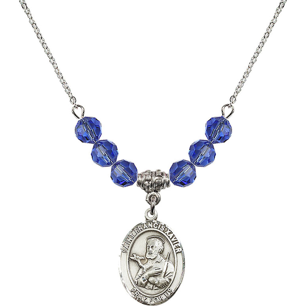 Sterling Silver Saint Francis Xavier Birthstone Necklace with Sapphire Beads - 8037