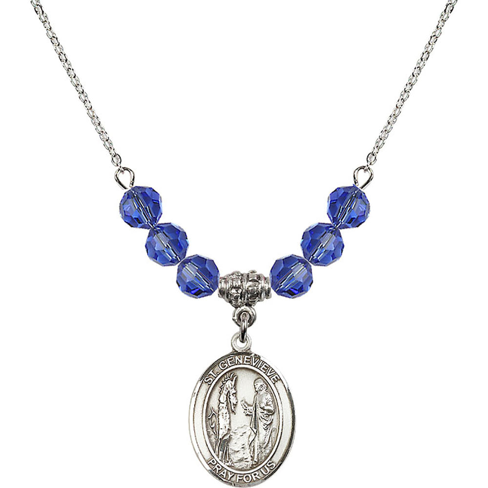 Sterling Silver Saint Genevieve Birthstone Necklace with Sapphire Beads - 8041