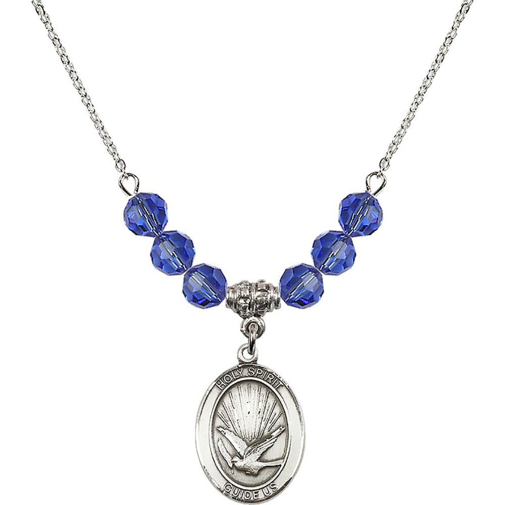 Sterling Silver Holy Spirit Birthstone Necklace with Sapphire Beads - 8044