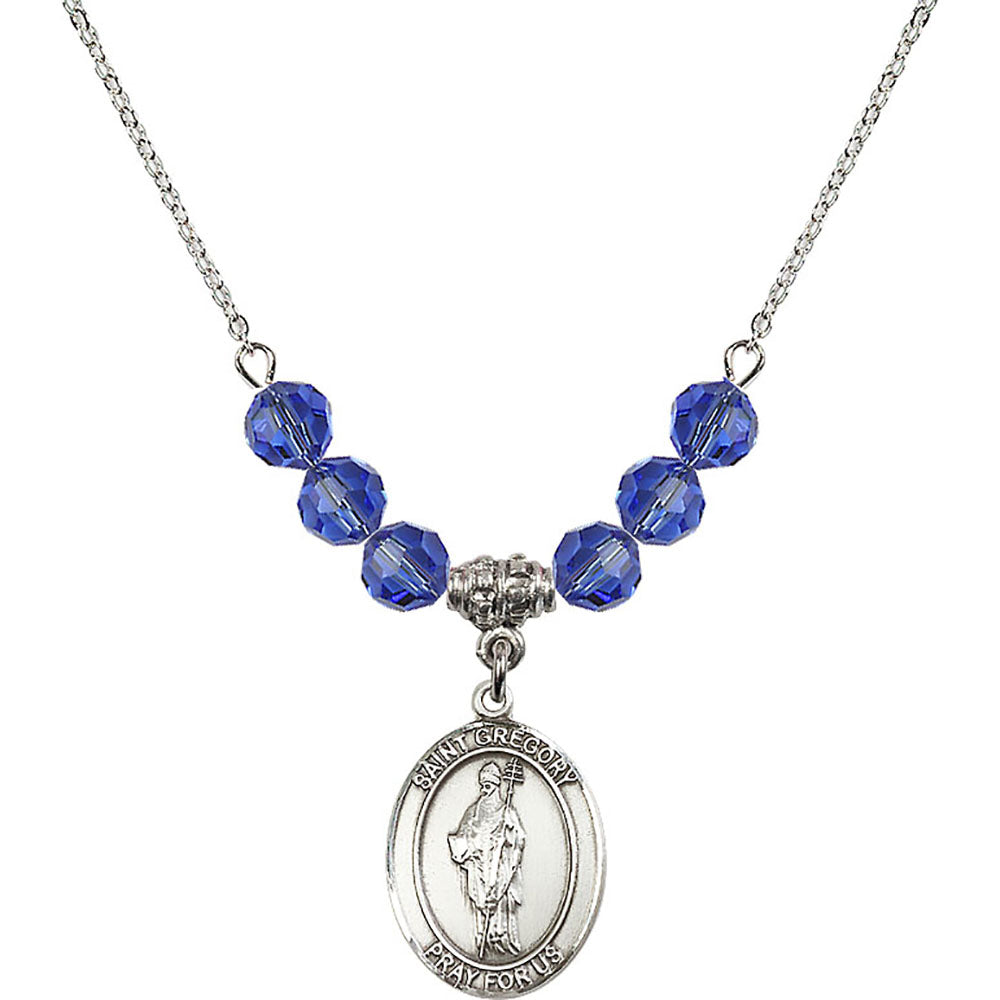 Sterling Silver Saint Gregory the Great Birthstone Necklace with Sapphire Beads - 8048