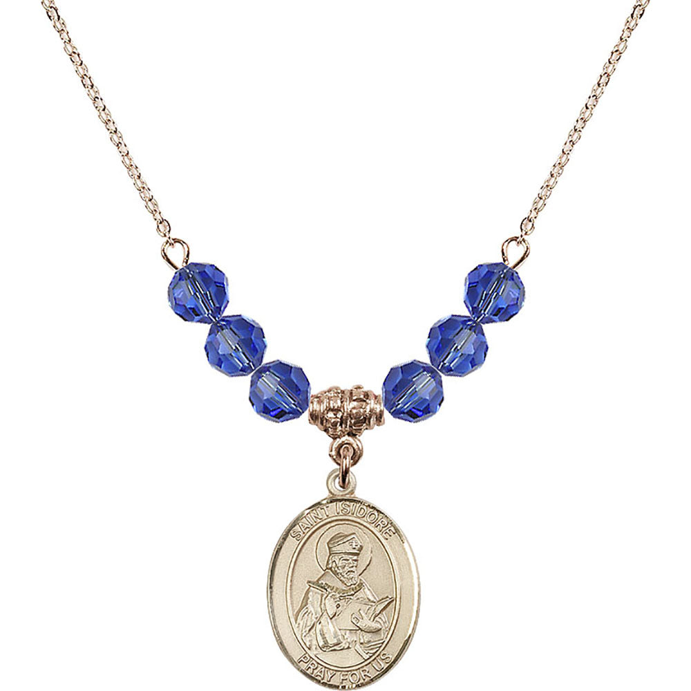 14kt Gold Filled Saint Isidore of Seville Birthstone Necklace with Sapphire Beads - 8049