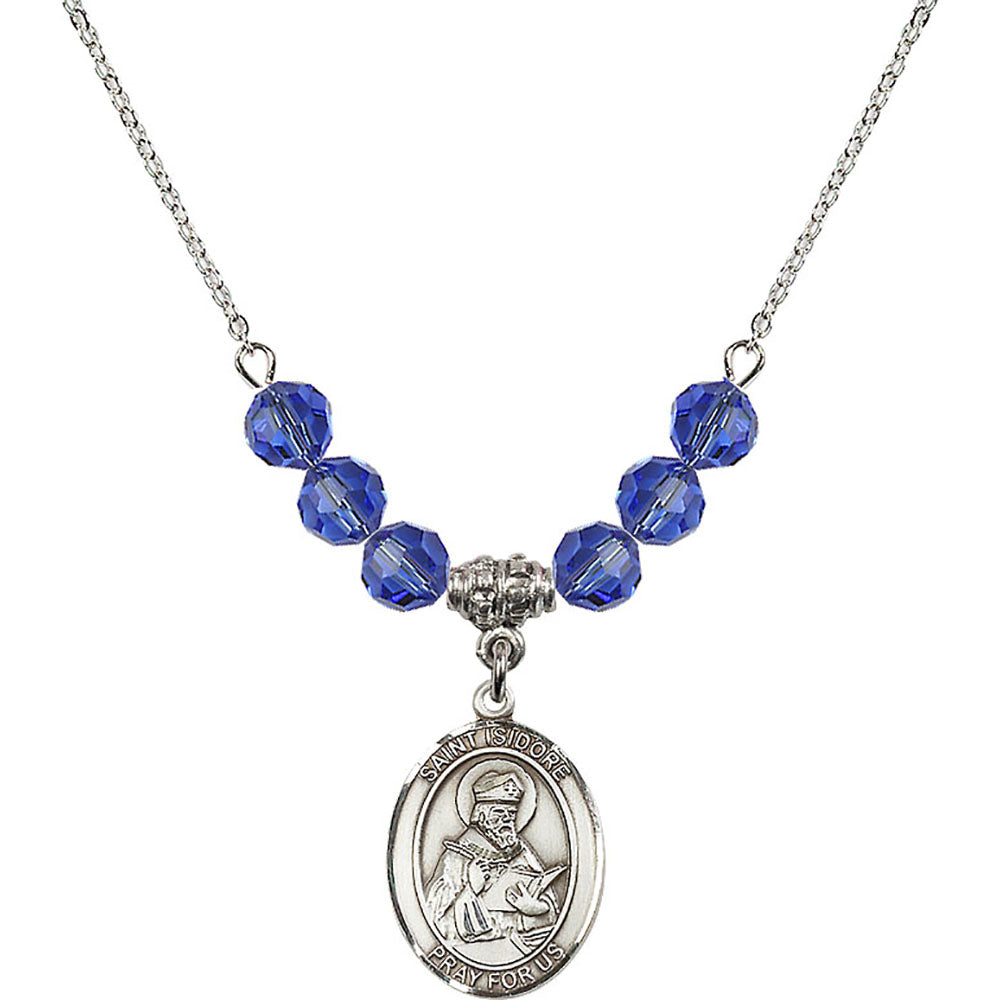 Sterling Silver Saint Isidore of Seville Birthstone Necklace with Sapphire Beads - 8049