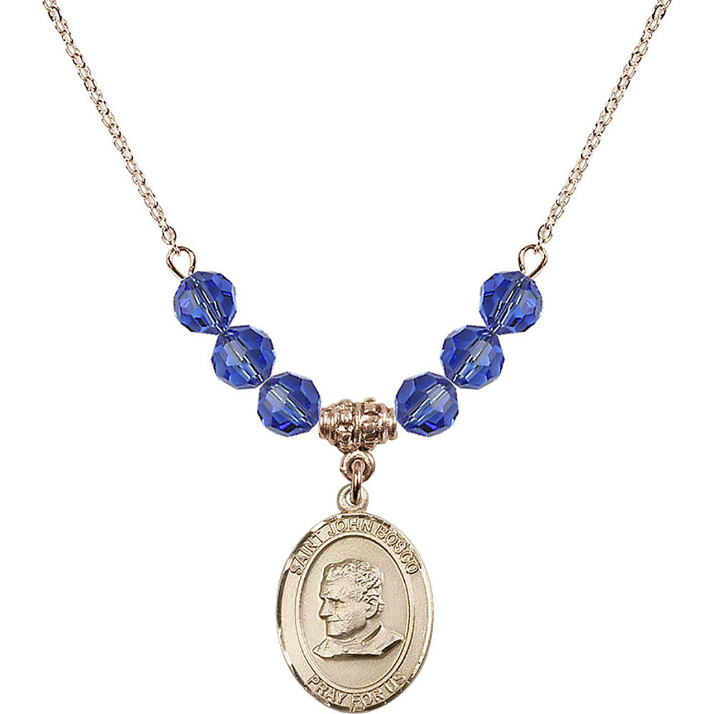 14kt Gold Filled Saint John Bosco Birthstone Necklace with Sapphire Beads - 8055