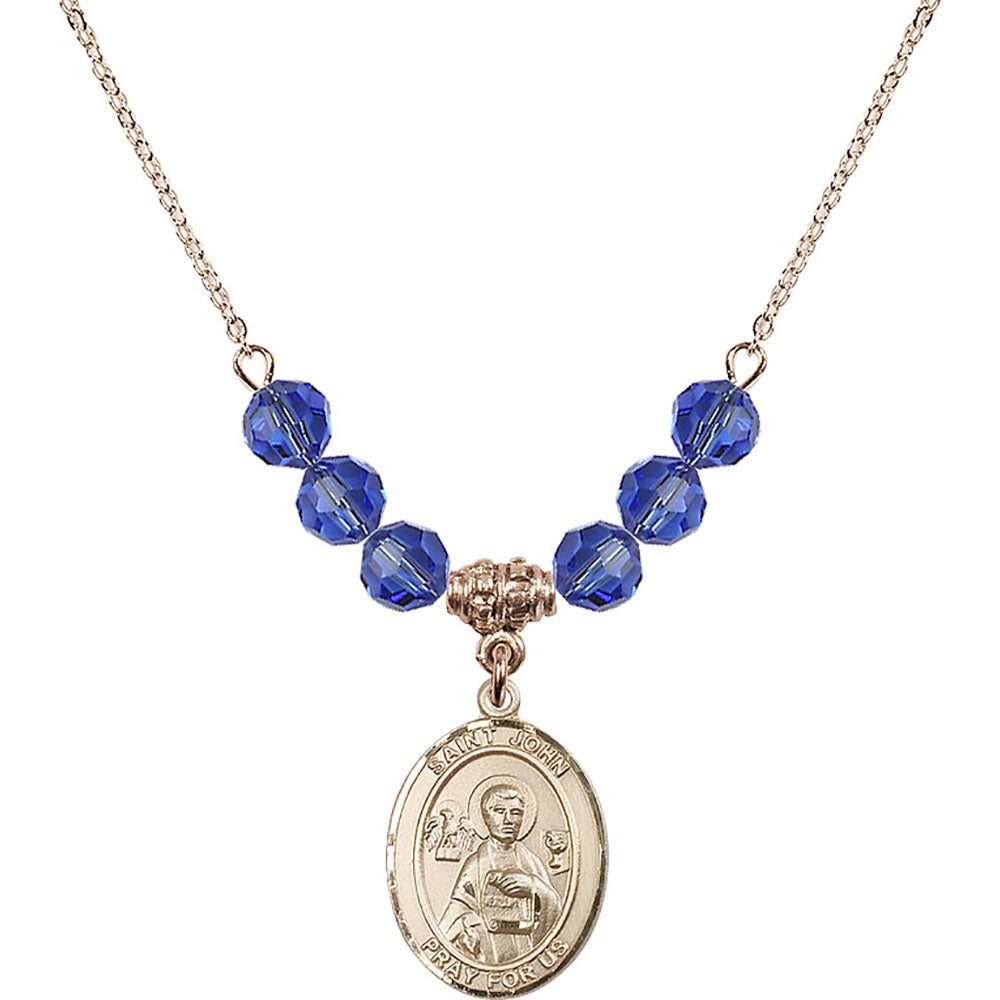 14kt Gold Filled Saint John the Apostle Birthstone Necklace with Sapphire Beads - 8056