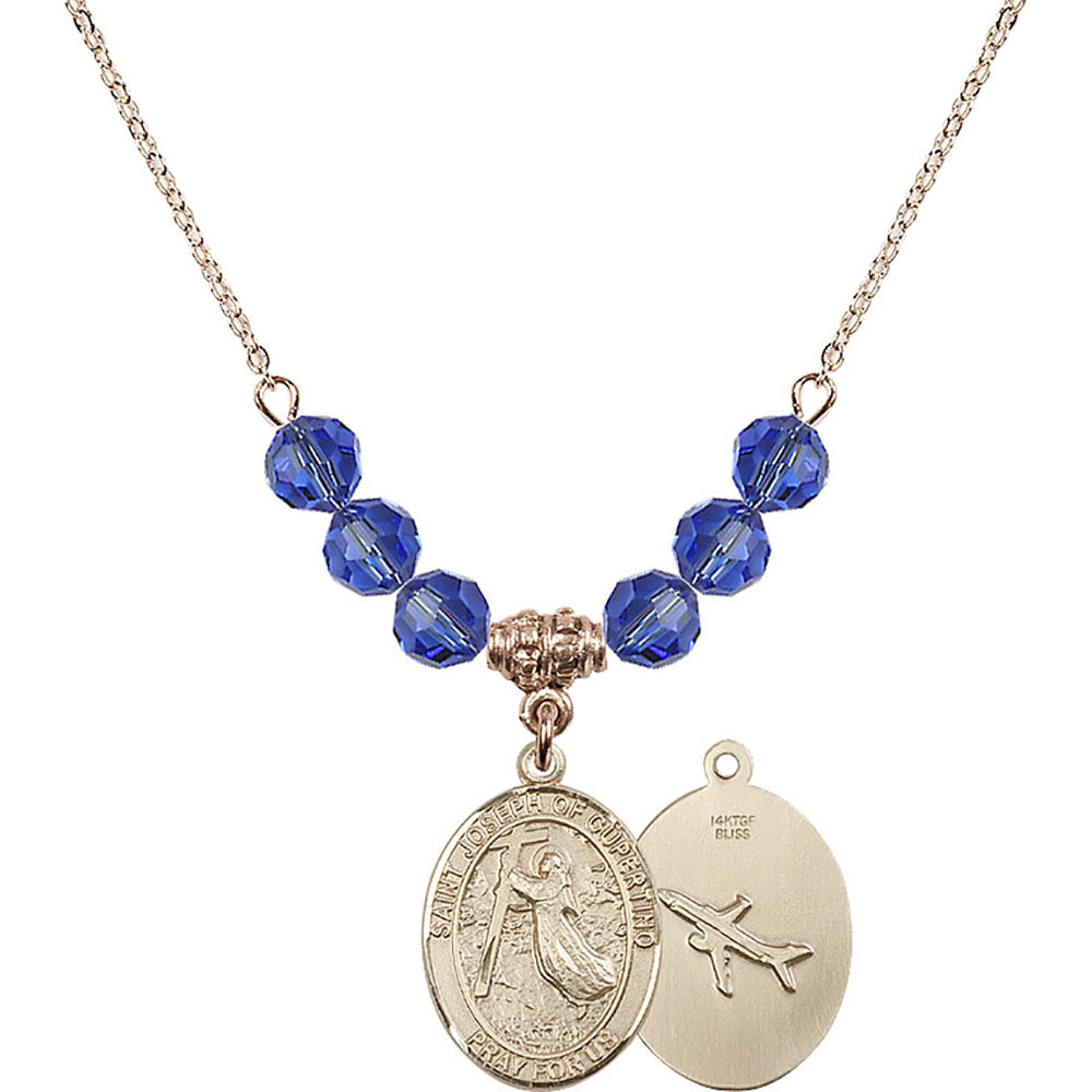 14kt Gold Filled Saint Joseph of Cupertino Birthstone Necklace with Sapphire Beads - 8057