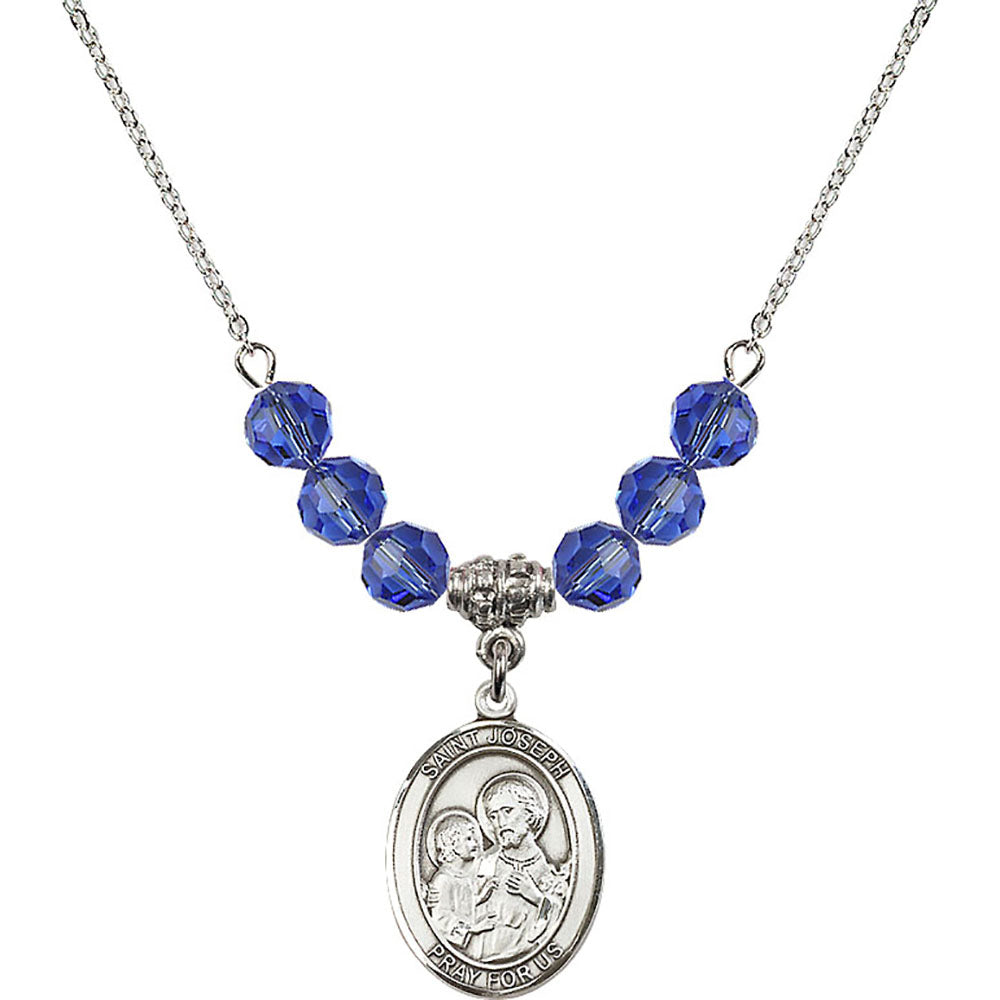 Sterling Silver Saint Joseph Birthstone Necklace with Sapphire Beads - 8058