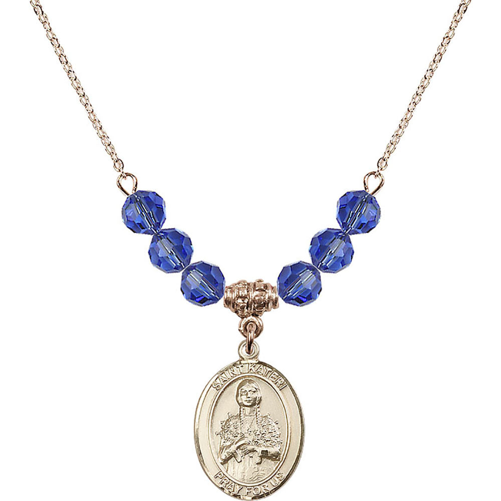 14kt Gold Filled Saint Kateri Tekakwitha Birthstone Necklace with Sapphire Beads - 8061