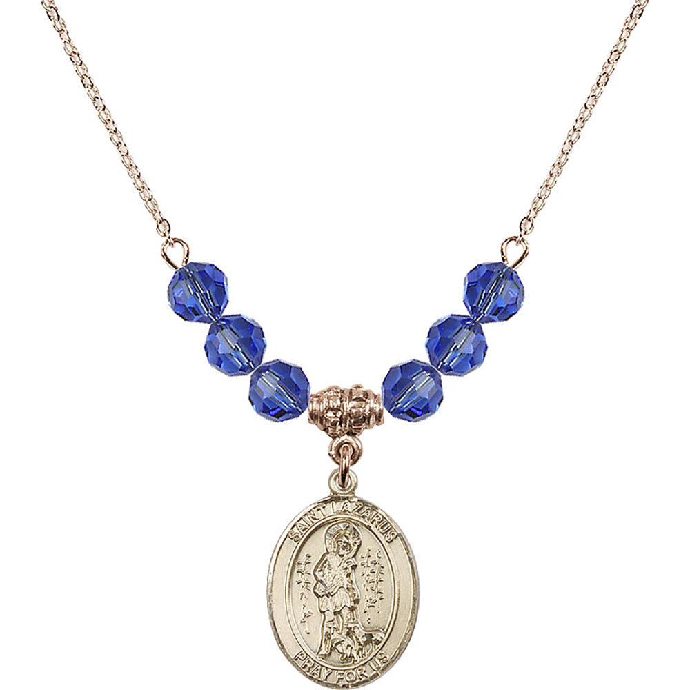 14kt Gold Filled Saint Lazarus Birthstone Necklace with Sapphire Beads - 8066