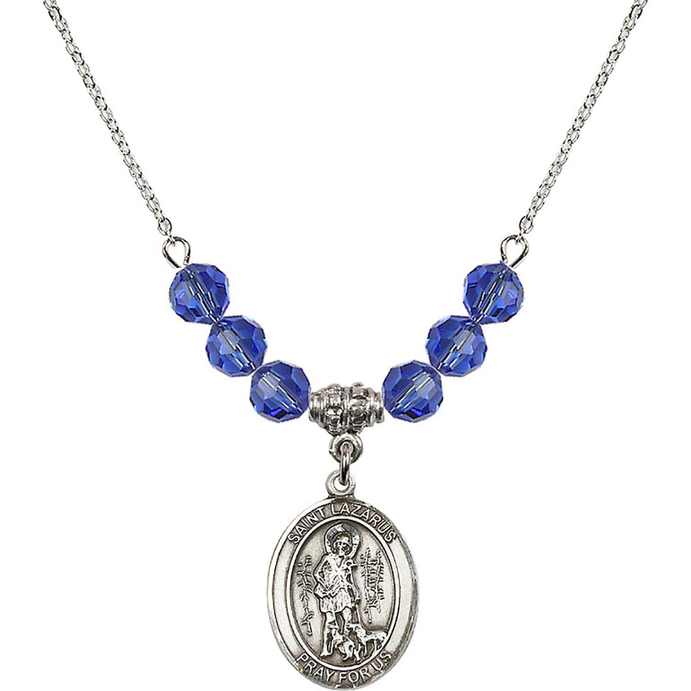 Sterling Silver Saint Lazarus Birthstone Necklace with Sapphire Beads - 8066