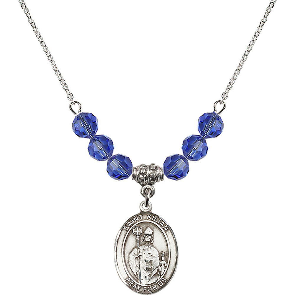 Sterling Silver Saint Kilian Birthstone Necklace with Sapphire Beads - 8067