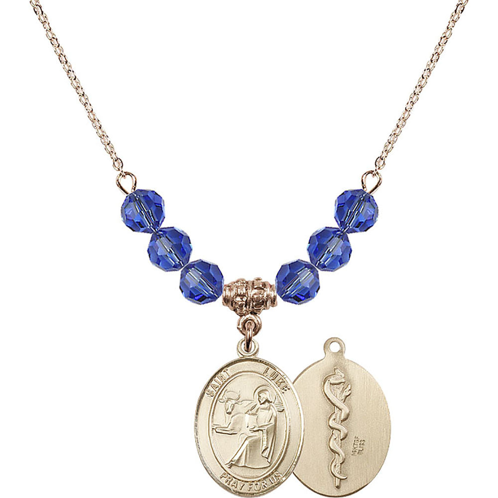 14kt Gold Filled Saint Luke the Apostle / Doctor Birthstone Necklace with Sapphire Beads - 8068