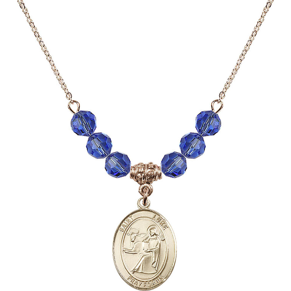 14kt Gold Filled Saint Luke the Apostle Birthstone Necklace with Sapphire Beads - 8068