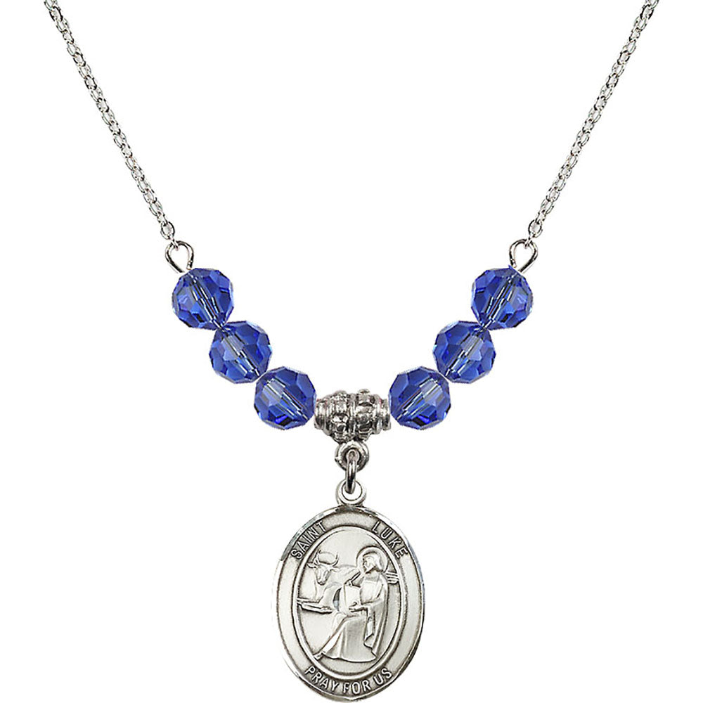 Sterling Silver Saint Luke the Apostle Birthstone Necklace with Sapphire Beads - 8068