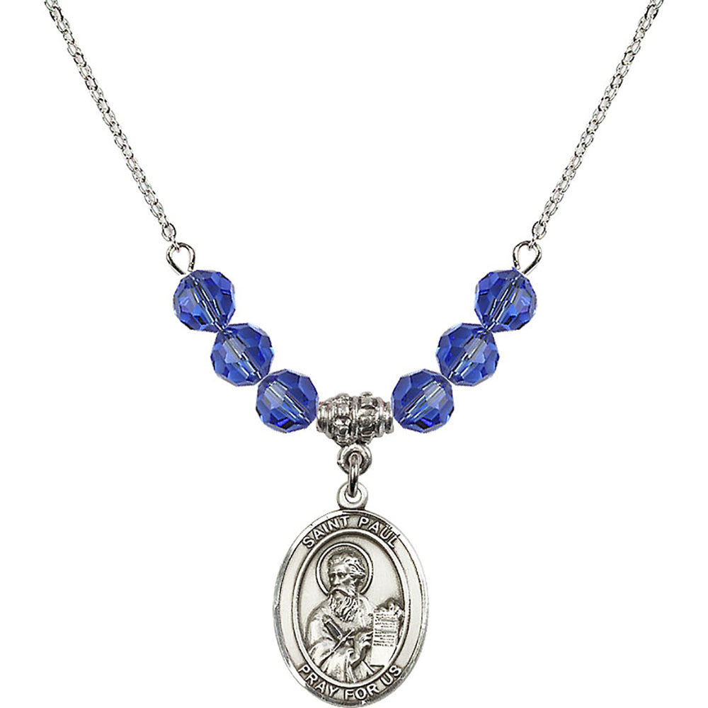 Sterling Silver Saint Paul the Apostle Birthstone Necklace with Sapphire Beads - 8086