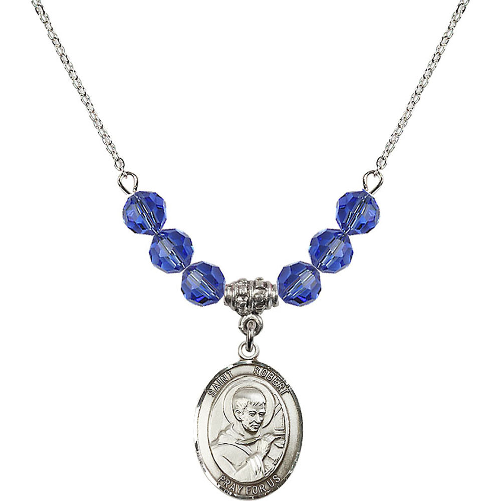 Sterling Silver Saint Robert Bellarmine Birthstone Necklace with Sapphire Beads - 8096