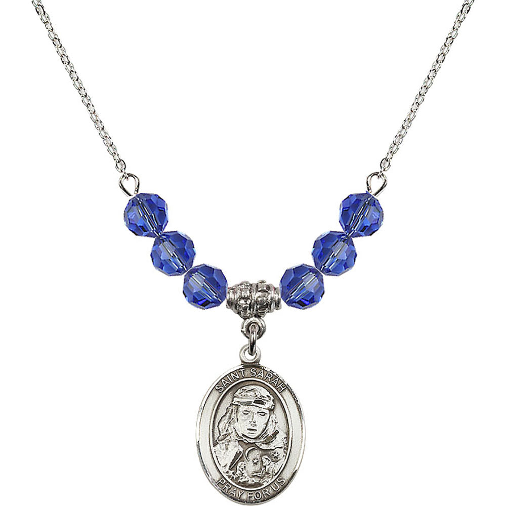 Sterling Silver Saint Sarah Birthstone Necklace with Sapphire Beads - 8097