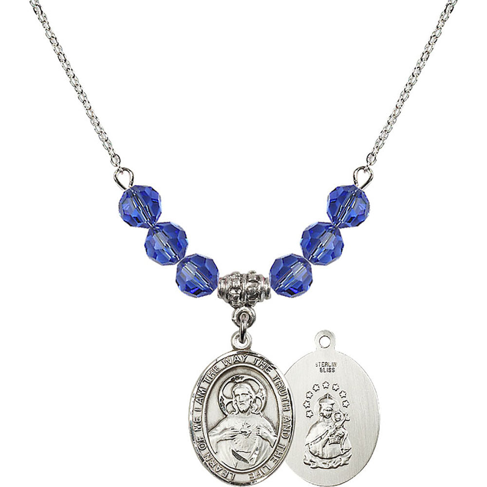Sterling Silver Scapular Birthstone Necklace with Sapphire Beads - 8098